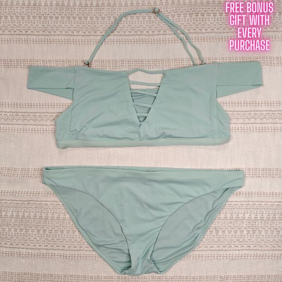 Radio Fiji Off-Shoulder Green Blue Bikini Set Size L NEW – Cute & Flattering - Picture 1 of 5